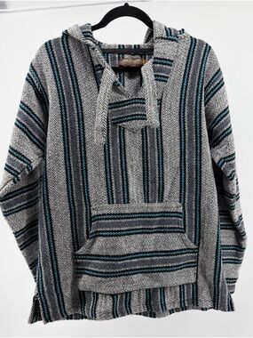 Retro Fit Men Handwoven Long Sleeve Baja Hooded Poncho Striped Pullover Sz 1 (L)